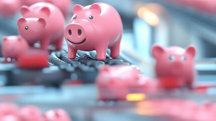 Obraz premium 3D Cartoon Piggy Bank Assembly Line Concept - Seamless Tile Pattern of Piggy Bank Production Stages, Wide Shot Illustrating Mass Production of Savings Tools in Playful Minimalist Style, Icon on White 