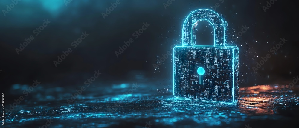 Poster futuristic digital padlock with glowing blue circuits against a dark background, binary code overlay