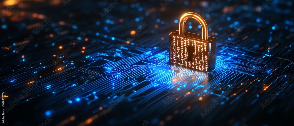 Poster futuristic digital padlock with glowing blue circuits against a dark background, binary code overlay