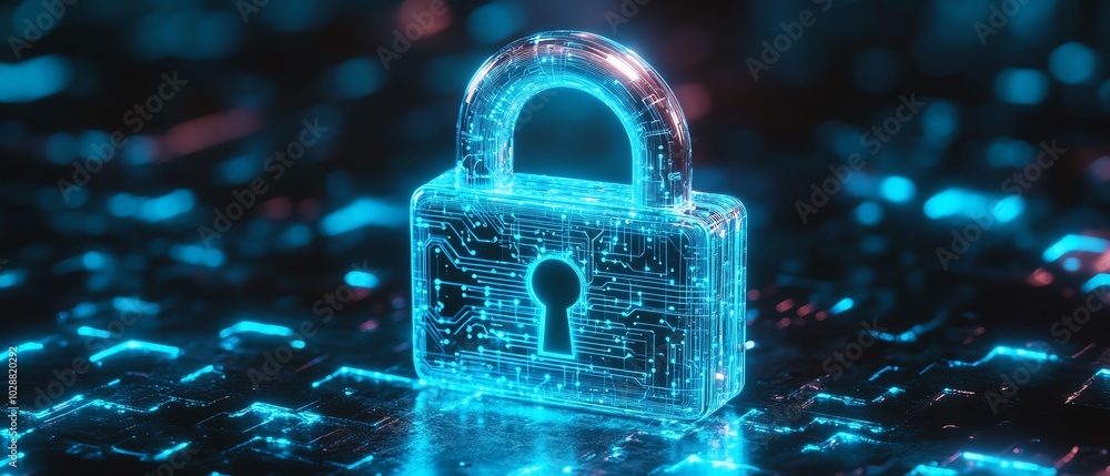 Poster Futuristic digital padlock with glowing blue circuits against a dark background, binary code overlay representing cybersecurity and data protection