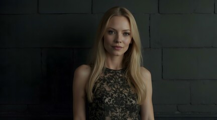 Elegant woman with long straight blonde hair in lace dress posing against dark textured background