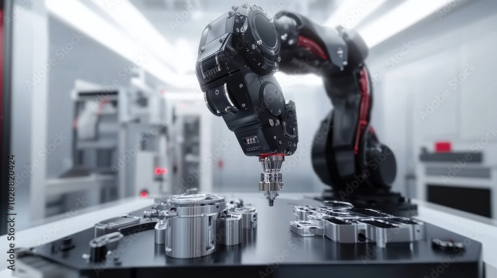 Poster industrial robot arm decorating and assembling automotive components with high-tech precision in a f