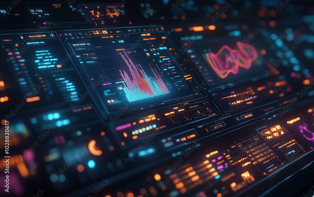 Leinwandbilder futuristic financial dashboard showcasing holographic graphs and charts, glowing data streams in dar