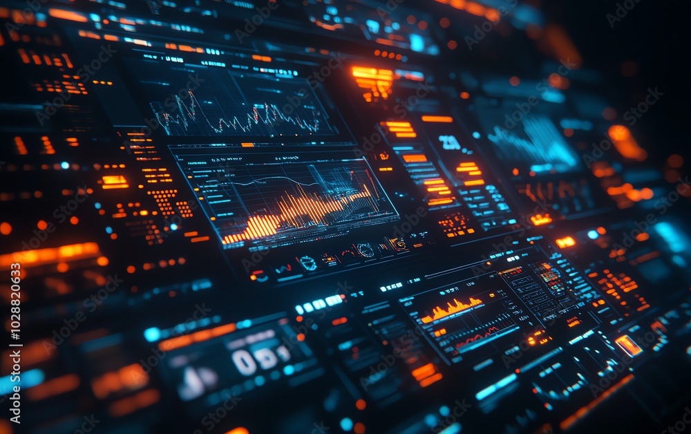Poster futuristic financial dashboard with holographic 3d charts and graphs floating in dark space, glowing