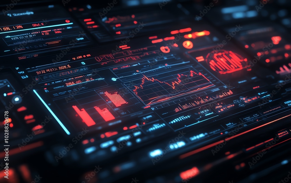 Poster futuristic financial dashboard with holographic 3d charts and graphs floating in dark space, glowing