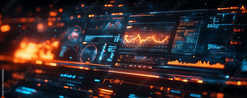 Leinwandbilder futuristic financial dashboard displaying holographic 3d graphs and charts, dark space background, g