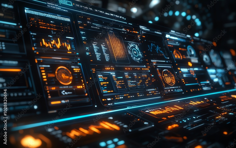 Poster futuristic financial dashboard with holographic 3d charts and graphs floating in dark space, glowing