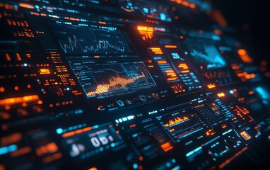 Obraz premium Futuristic financial dashboard with holographic 3D charts and graphs floating in dark space, glowing data streams and market indicators, hightech visualization of global economics