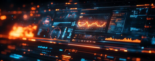 Futuristic financial dashboard displaying holographic 3D graphs and charts, dark space background, glowing data streams highlighting economic indicators