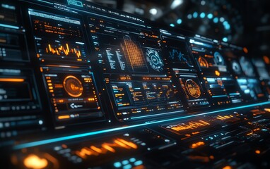 Futuristic financial dashboard with holographic 3D charts and graphs floating in dark space, glowing data streams and market indicators, hightech visualization of global economics