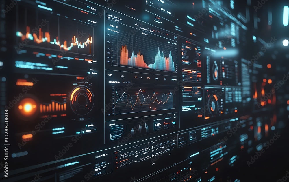 Poster futuristic financial dashboard with holographic 3d charts and graphs floating in dark space, glowing