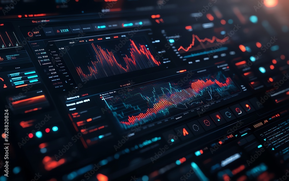Aufkleber Futuristic financial dashboard showcasing holographic graphs and charts, glowing data streams in dark space, hightech representation of market analytics