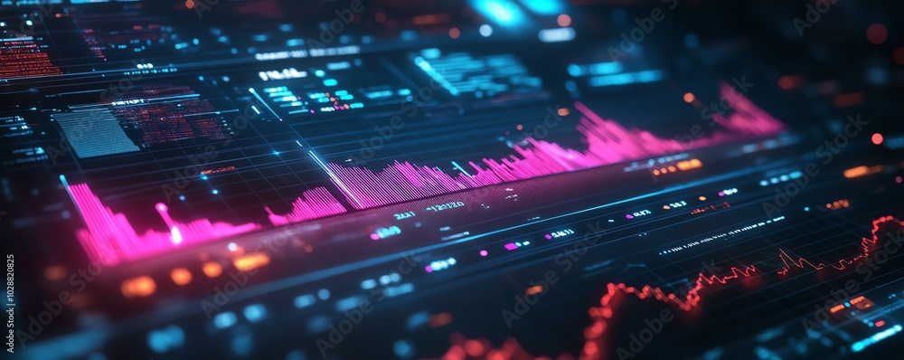 Poster futuristic financial dashboard displaying holographic 3d graphs and charts, dark space background, g