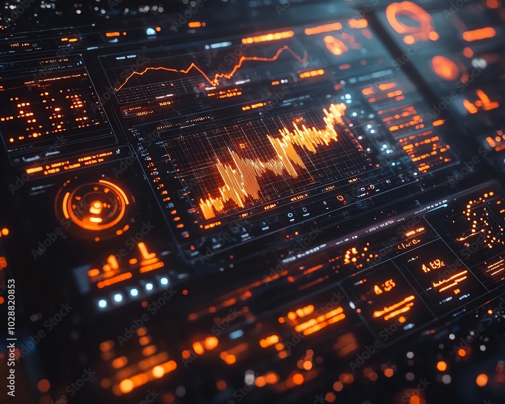 Poster futuristic financial dashboard with holographic 3d charts and graphs floating in dark space, glowing