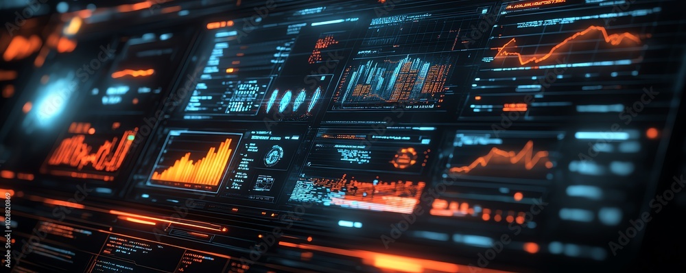 Poster futuristic financial dashboard displaying holographic 3d graphs and charts, dark space background, g