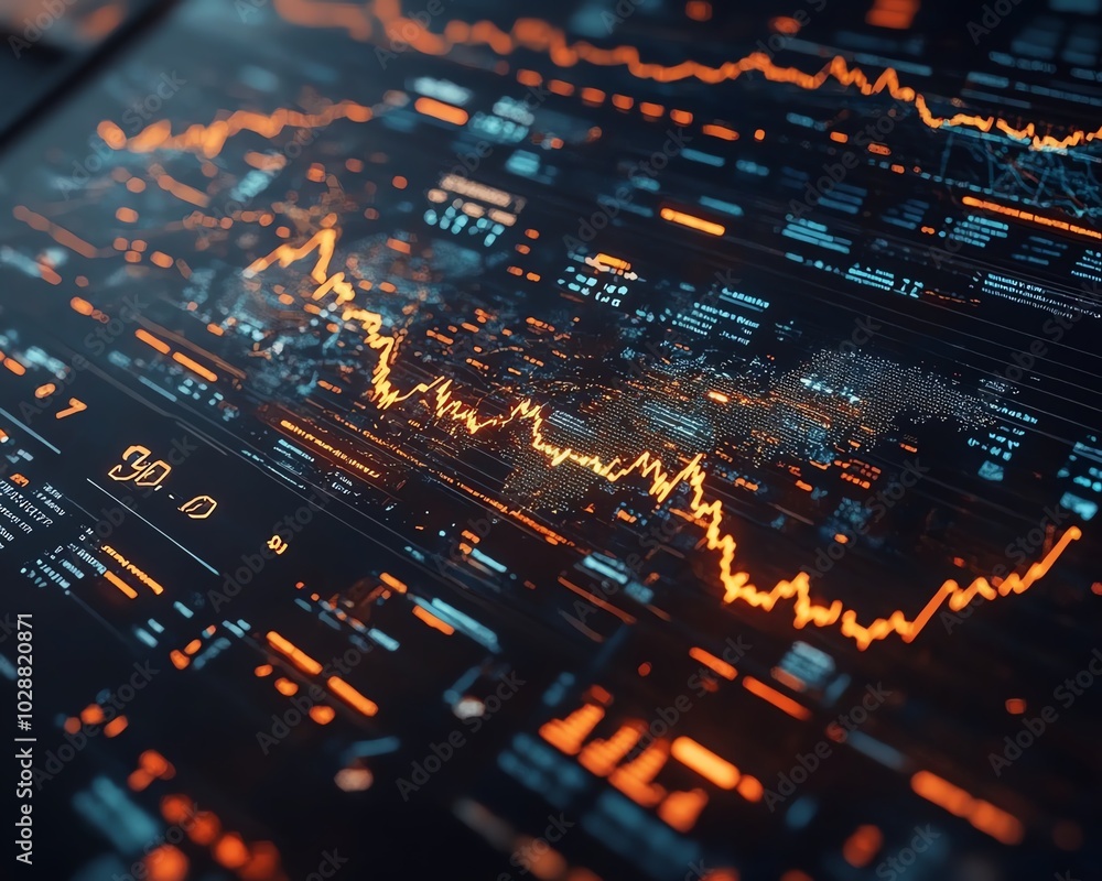 Poster futuristic financial dashboard with holographic 3d charts and graphs floating in dark space, glowing