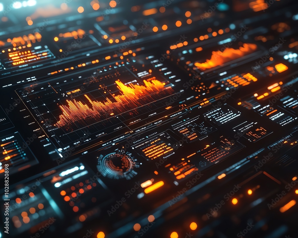 Leinwandbilder futuristic financial dashboard with holographic 3d charts and graphs floating in dark space, glowing