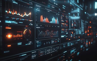 Futuristic financial dashboard with holographic 3D charts and graphs floating in dark space, glowing data streams and market indicators, hightech visualization of global economics
