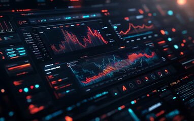 Futuristic financial dashboard showcasing holographic graphs and charts, glowing data streams in dark space, hightech representation of market analytics