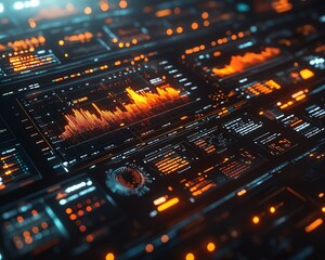 Futuristic financial dashboard with holographic 3D charts and graphs floating in dark space, glowing data streams and market indicators, hightech visualization of global economics