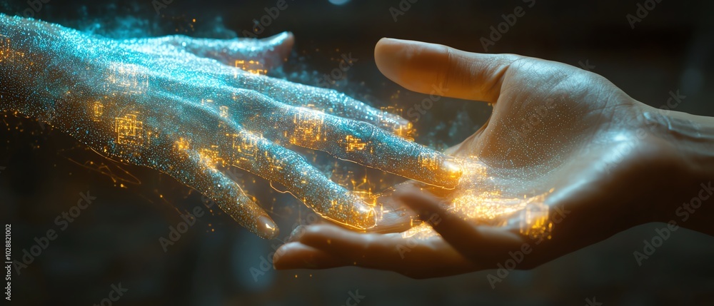 Leinwandbilder Futuristic hands engaging with a holographic data visualization interface, illuminated nodes symbolizing AI and machine learning in a sleek design