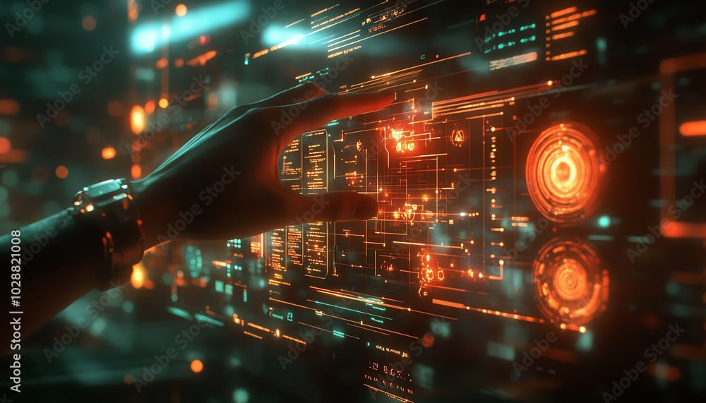 Poster Futuristic hands interacting with glowing nodes on a holographic interface, showcasing abstract data visualization of AI and machine learning technology