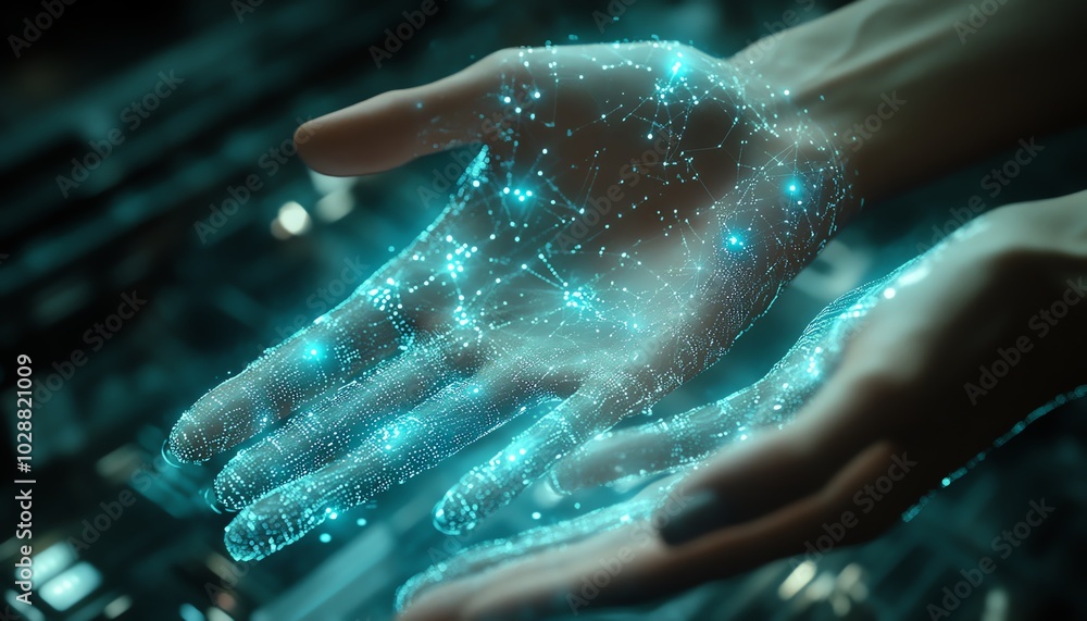 Leinwandbilder Futuristic hands interacting with glowing nodes on a holographic interface, showcasing abstract data visualization of AI and machine learning technology