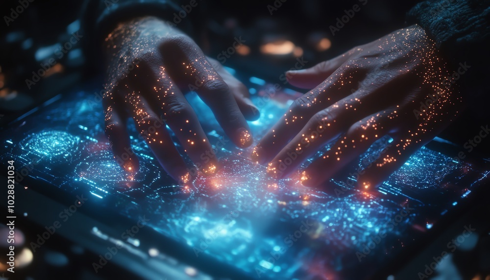 Poster Futuristic hands interacting with glowing nodes on a holographic interface, showcasing abstract data visualization of AI and machine learning technology