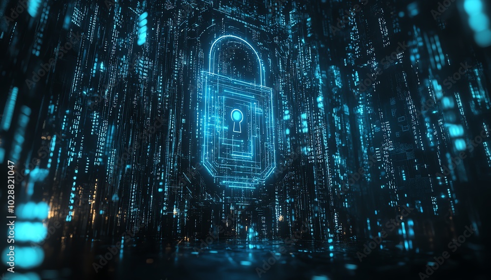Poster futuristic padlock design with radiant blue circuitry, dark background filled with binary code, emph