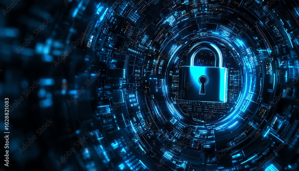 Poster futuristic padlock design with radiant blue circuitry, dark background filled with binary code, emph