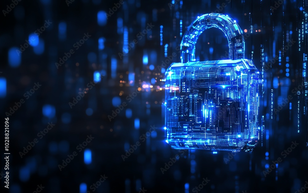Leinwandbilder futuristic padlock illuminated by blue circuits, dark background with flowing binary code, showcasin