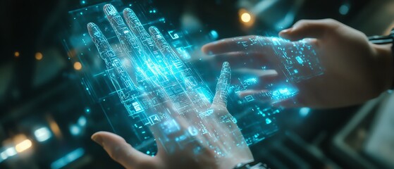 Futuristic hands engaging with a holographic data visualization interface, illuminated nodes symbolizing AI and machine learning in a sleek design