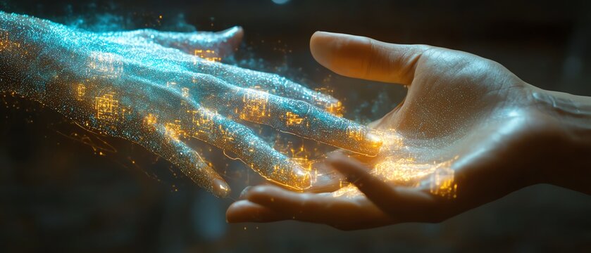 Futuristic hands engaging with a holographic data visualization interface, illuminated nodes symbolizing AI and machine learning in a sleek design