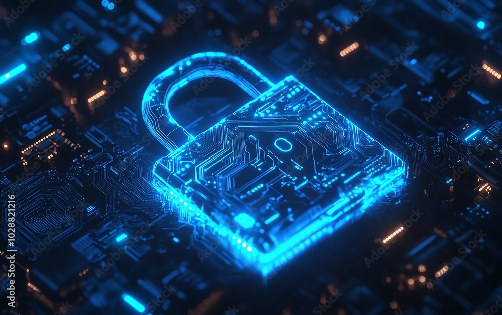 Poster Futuristic padlock with luminous blue circuitry on a dark background, surrounded by binary code, representing the future of data protection