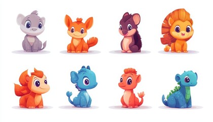 Naklejka premium Colorful cartoon baby animals in a playful character design set on a white background