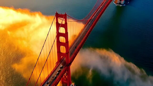 Aerial view of the iconic Golden Gate Bridge shrouded in a golden fog at sunrise. A breathtaking scene of San Francisco's landmark.