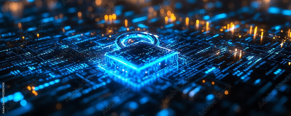 Fototapete glowing blue circuit digital padlock on a dark background, interwoven with binary code, highlighting