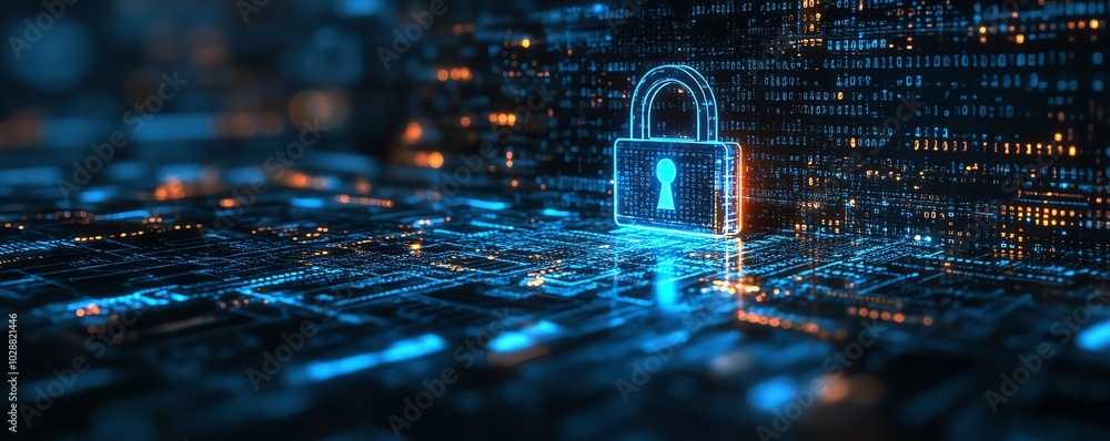 Fototapete glowing blue circuit digital padlock on a dark background, interwoven with binary code, highlighting