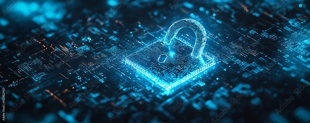 Poster glowing blue circuit digital padlock on a dark background, interwoven with binary code, highlighting