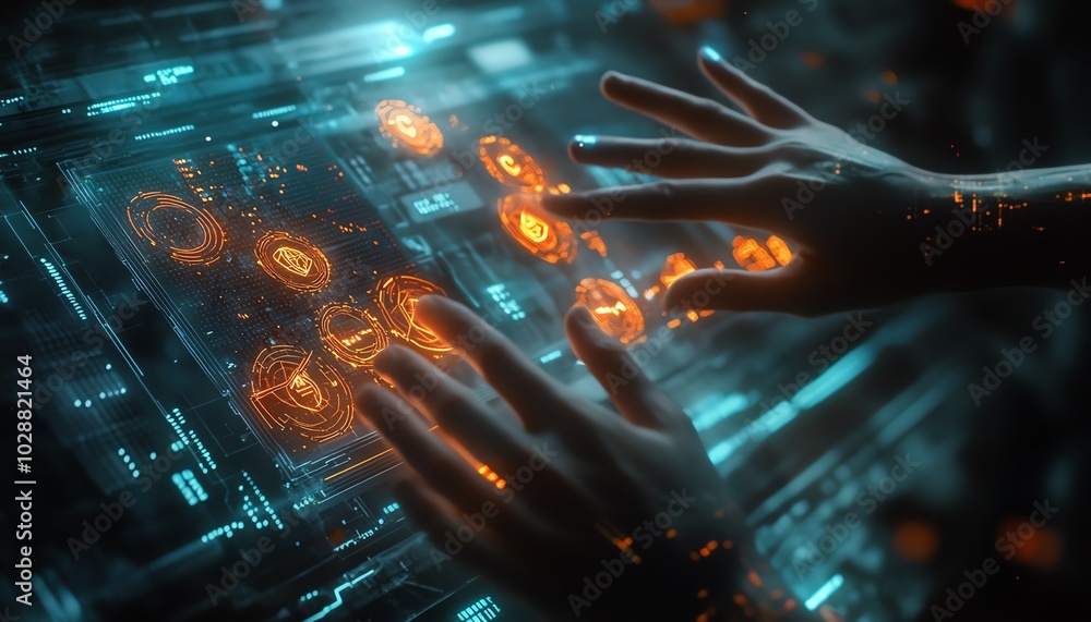 Poster Hands interacting with a holographic interface in a futuristic data visualization setting, showcasing glowing nodes and abstract representations of AI and machine learning