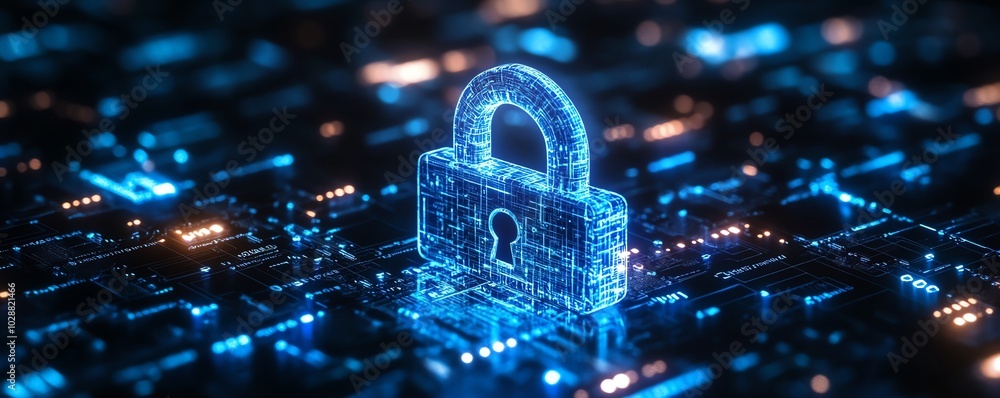 Poster glowing blue circuit digital padlock on a dark background, interwoven with binary code, highlighting