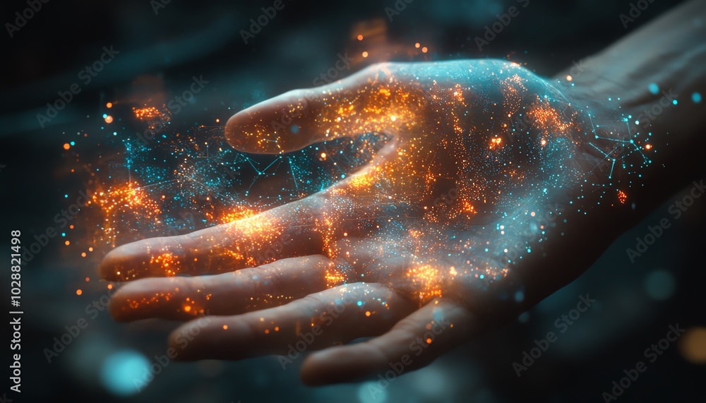 Leinwandbilder Hands interacting with a holographic interface in a futuristic data visualization setting, showcasing glowing nodes and abstract representations of AI and machine learning