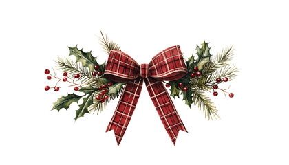Festive arrangement with plaid bow and greenery, isolated on white background.