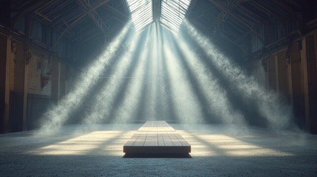 Sunlight pours through the windows of a vintage gymnastics gym casting ethereal beams on wooden beams and parallel bars evoking the spirit of past athletes achievements.