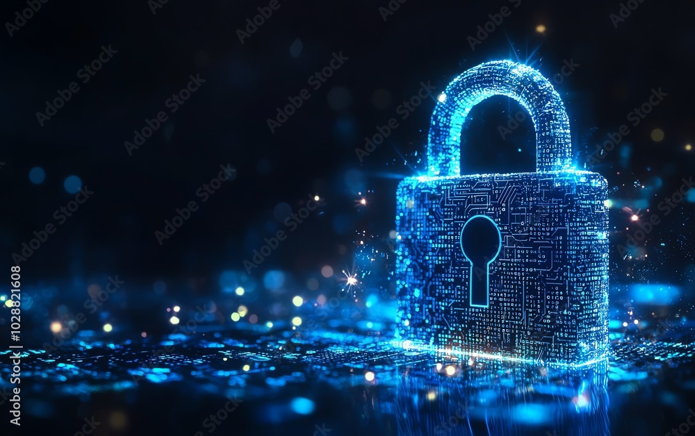 Poster hightech digital padlock with radiant blue circuits against a dark background, binary code cascading