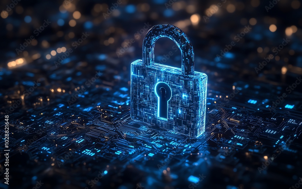 Fototapete hightech digital padlock with radiant blue circuits against a dark background, binary code cascading