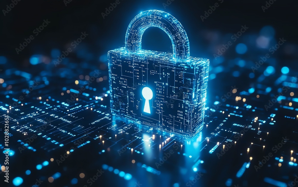Poster hightech digital padlock with radiant blue circuits against a dark background, binary code cascading