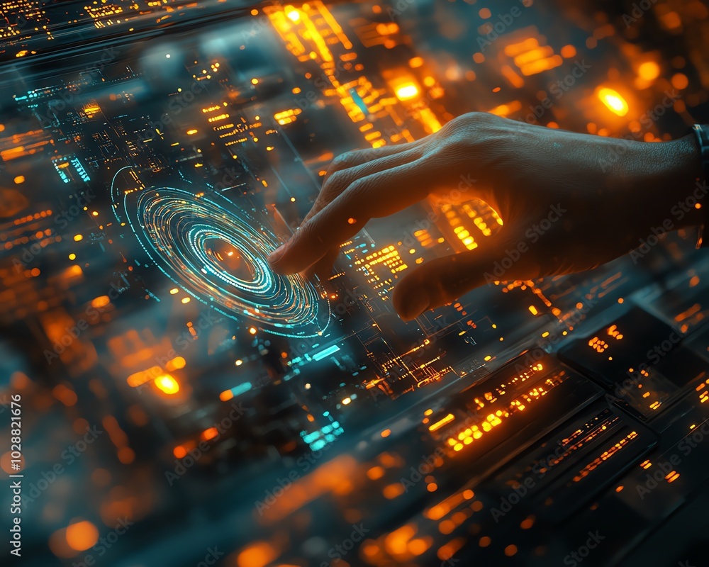 Poster Hightech environment featuring hands manipulating a holographic interface, glowing nodes, and abstract data visualizations of AI and machine learning