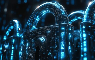 Hightech digital padlock with radiant blue circuits against a dark background, binary code cascading, representing the essence of cybersecurity