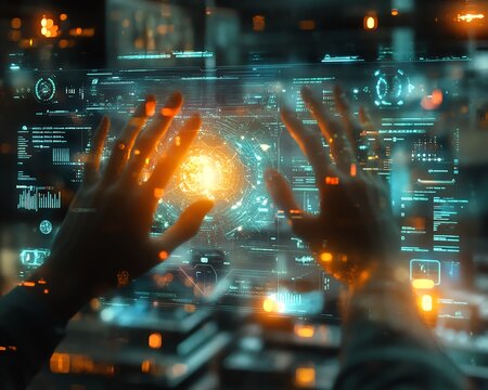 Hightech environment featuring hands manipulating a holographic interface, glowing nodes, and abstract data visualizations of AI and machine learning